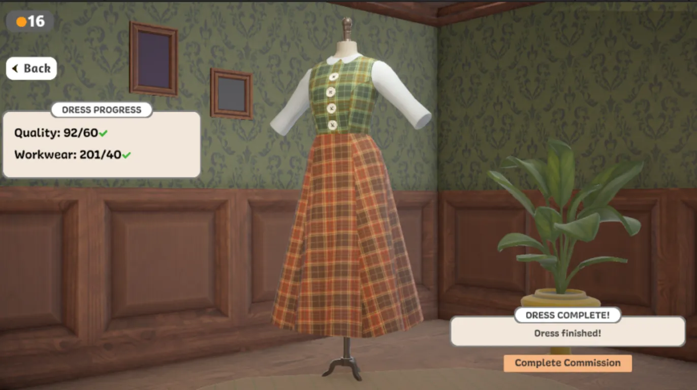 Dress progress panel showing Quality 92 against a target of 60