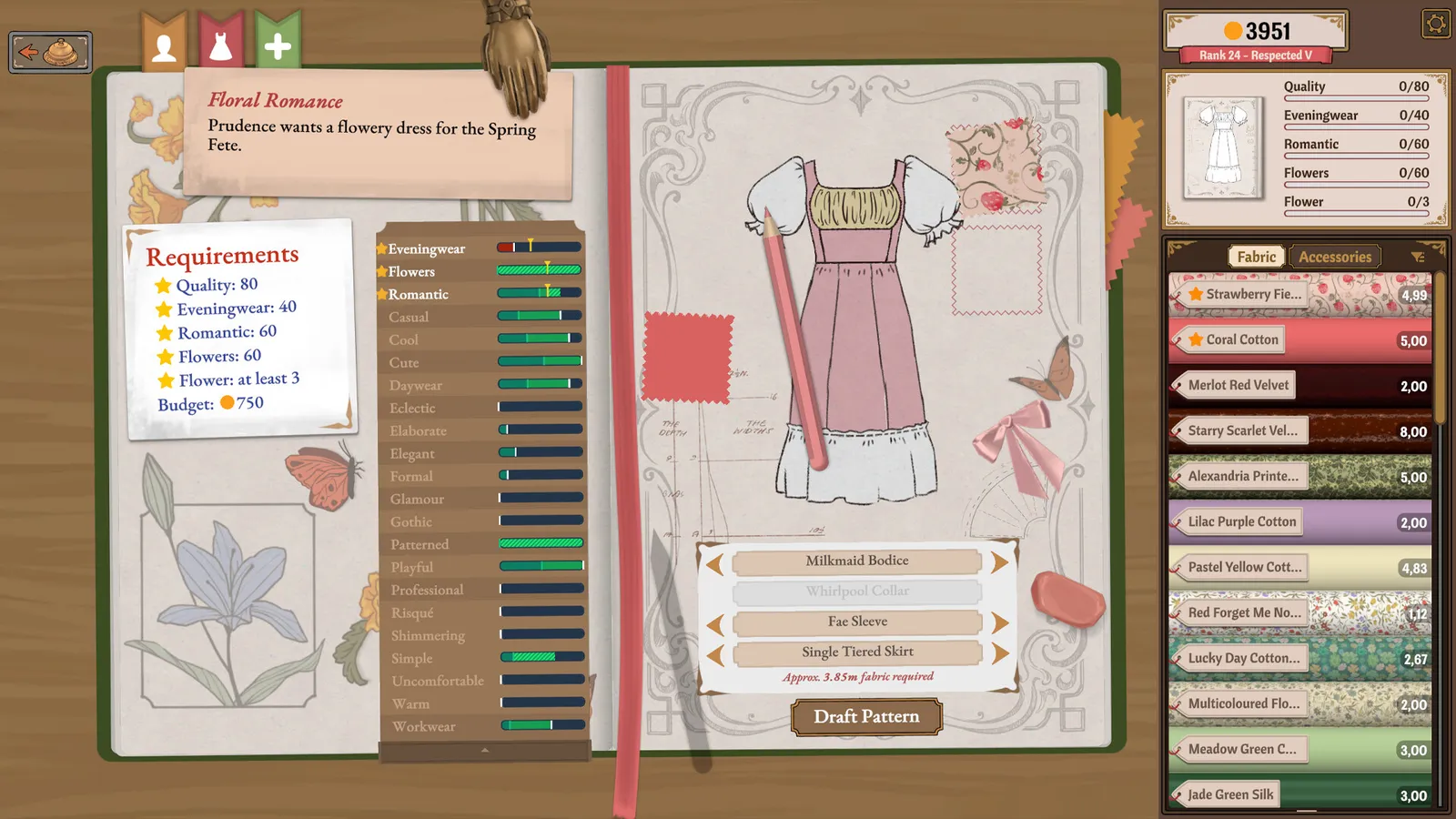 Open sketchbook showing pink milkmaid dress draft beside Prudence Floral Romance commission card and fabric bolt list