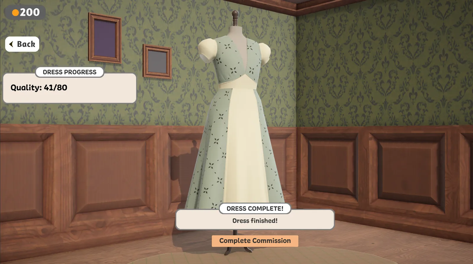 Dress Complete box showing 200 gold and the Complete Commission button