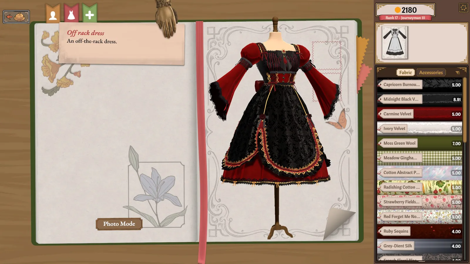 An "Off rack dress" order brief beside a dress form in a red and black gown