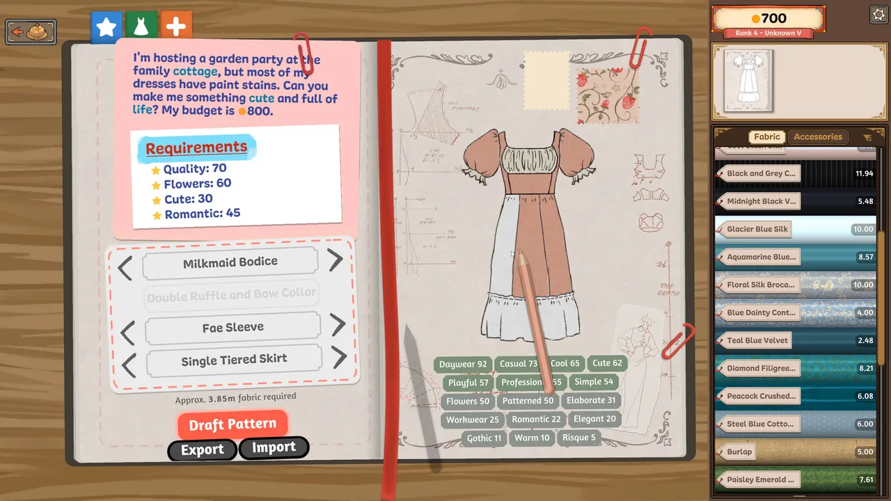 In-game Emporium fabric price list beside the customer brief and her coin budget