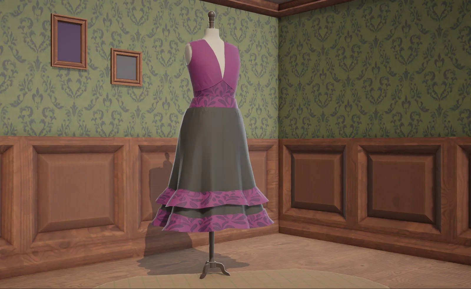 Gothic layered gown with a ruffled hem on the studio mannequin