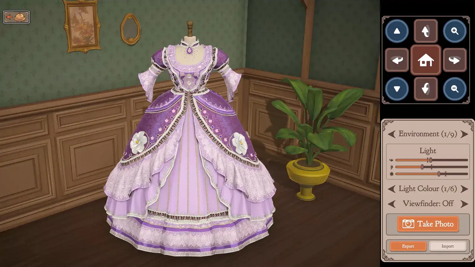 Lavender lace evening gown on the dress form inside the Dressmaker shop photo mode